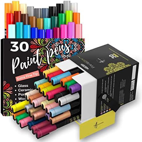 Artistro 30 акрилна боја пенкала Екстра фино врв и 30 маркери на акрилна боја Финав врв, пакет за карпа, камен, керамика, стакло, чаши, дрво, метал, ткаенина, платно