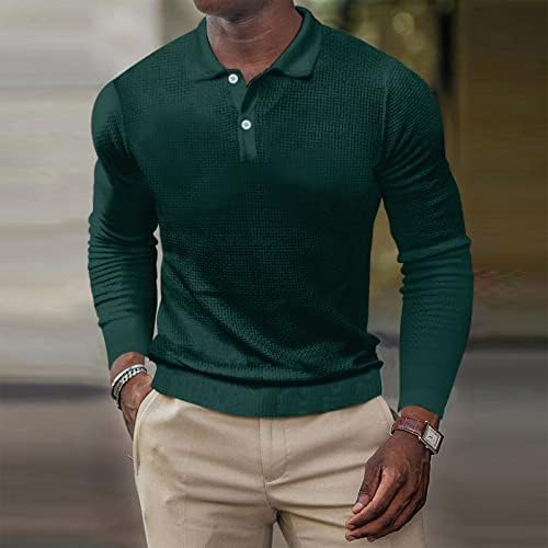 XXBR вафли плетени поло маици за мажи, падот на долги ракави со цврста боја на копчето Хенли кошула лапел јака обични голф -врвови за