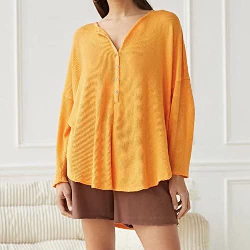 Женски случајни џемпери Хенли кошула со долги ракави лабаво копче за вафли плетени пуловер врвови високи џемпери со ниски падови