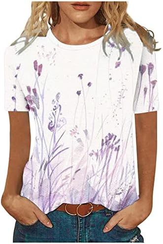 Тинејџерски девојки есен лето лето кратки ракави памучни екипи на екипажот на вратот сликарство цветна графичка врвна маица за жени