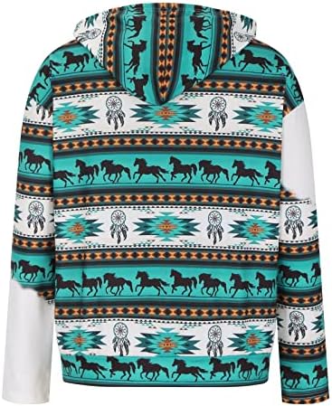 Женски худи пуловер западен етнички стил печати ацтеки качурки, каубојска ромбус печатена џемпер со качулка