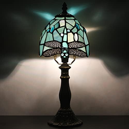 Rhlamps Мала тифани ламба морска сина витраж со стакло ламба за ламба 14 висока луксузна мини акцент ламба, мемориска ламба покрај креветот за