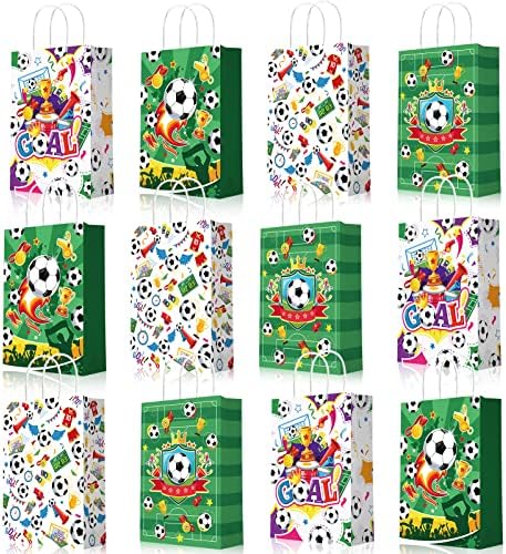 HOWAF 12 парчиња фудбалски забави торби за подароци Фудбалски бонбони торби Гуди торби со рачка за деца, фудбалска топка со теми