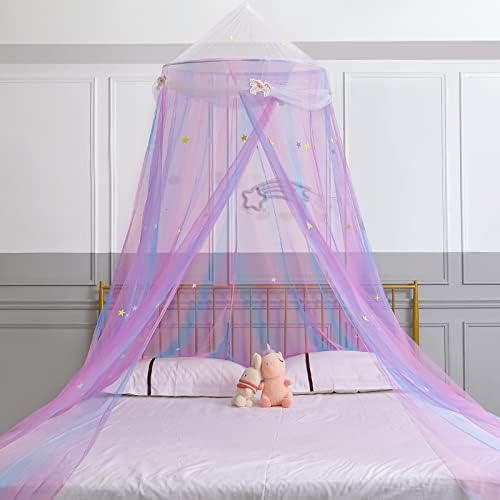 Fiobee кревет крошна за девојки крошна кревет завеси комарци нето принцеза соба декор со starsвезди за детска креветче за креветчиња, виолетова
