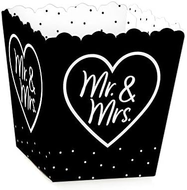 Голема точка на среќа г -дин и г -ѓа - партиски мини кутии за минијатури - црно -бела свадба или невестински туш третираат кутии за бонбони -