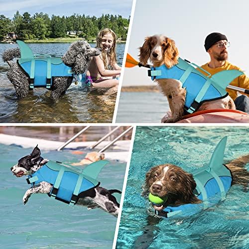 Догерс кучешка јакна, симпатична ајкула кучиња животно елек за пливање со пловење со супериорна пловност и рачка за спасување, прилагодлива