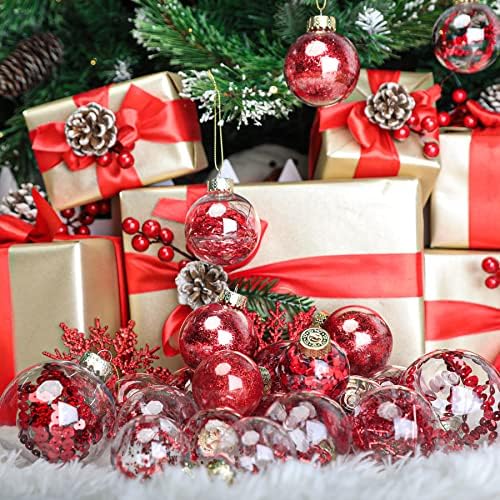Alupssuc 80pcs Божиќни топки украси сет, распрскувани пластични чисти декоративни чамци за Божиќно дрво декор за одмор свадбена венчаница, црвена