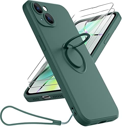 Yisrlery iPhone 14 Plus Case со ринг-кик и 2 заштитен стаклен екран на екранот, течен силиконски iPhone 14 Max Max Case Microfiber