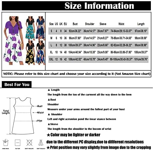 Fragarn женски летен случај на лето печатено кратки ракави со v-врат zip џеб ретро половината фустан