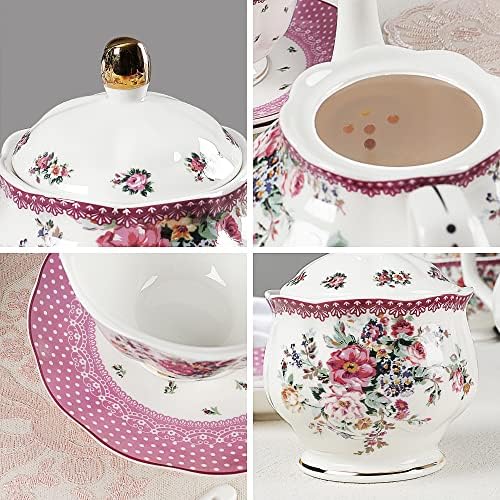 fanquare 21 Парче Гроздобер Порцелански Чај Во Собата, Розова Цветни Кафе Шолја Во собата за 6, Попладне Чај Во собата За Жени