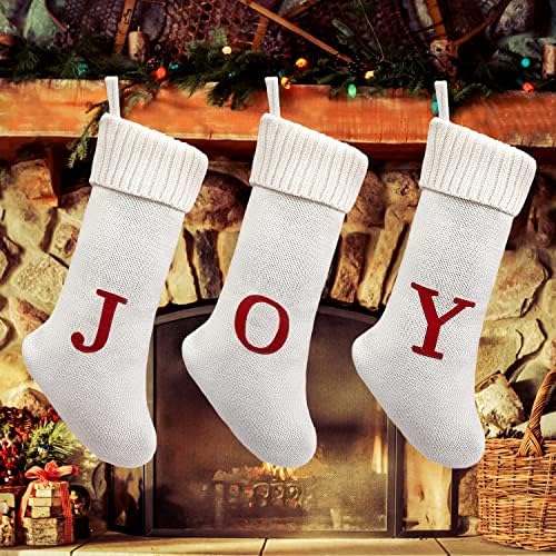 Казолен 3 парчиња кабелски плетени Божиќни чорапи, порибување на божиќни букви од радост, 46 см големи Божиќни чорапи камин виси