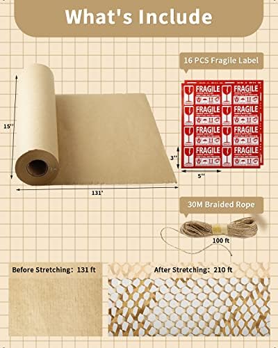 Хартија за пакување со кафеава саќе за материјали за мали деловни активности, 15inx131ft, алтернатива за завиткување на меурчиња, хартија