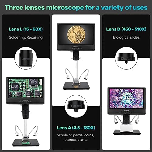 АНДОНСТАР АД249-М 10,1 инчен дигитален микроскоп за возрасни, 3 микроскоп за лемење на леќи, 1080p FHD видео запис, 500x, микроскоп на монети,
