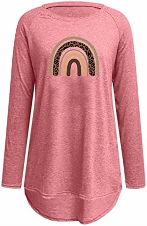 Розов летен есен на врвот за жени долг ракав 2023 облека модна екипаж вратот памук графички кошула 5е 5е м