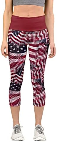 IQKA WONER 4 -ти за јули хеланки со висока половината за контрола на половината Капри панталони Американски знами starsвезди Стрип печатење