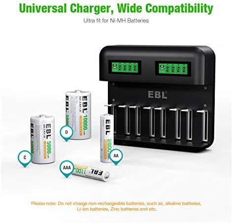 ЕБЛ ЛЦД Универзален полнач за батерии - 8 залив AA AA C D Батерии за батерии за батерии за полнење Ni -MH AA AA C D батерии со 2A USB порта, влез