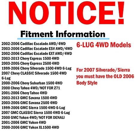 Детроит оска - 4WD 6 LUGS Hub Hub Hub Заменска замена за Silverado Sierra Suburban 1500 Tahoe Yukon Savana Cadillac Escalade - 2 парчиња