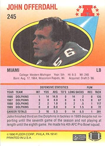 1990 Fleer 245 John SurfyDahl NM-Mt Miami Dolphins Football NFL