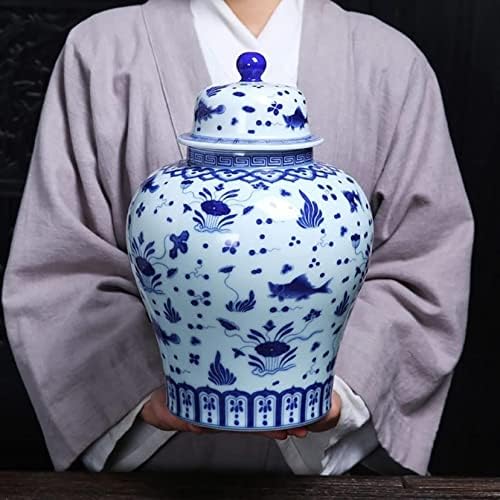 Тегла за декоративни керамички ѓумбир со капаци, антички сино и бело порцелански храм, тегла, кинески стил на лотос модел вазни