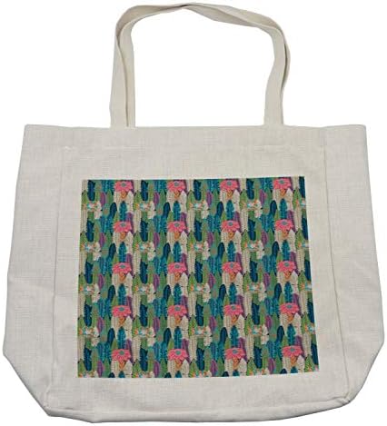 Торба за купување торба за кактус Амбесон, пастели сукуленти цвеќиња со егзотични гранки, палма лисја од кокос Бохо дождовни шуми,