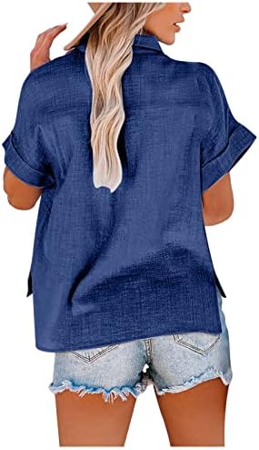 Кошули со краток ракав за кратки ракави лето V копче за вратот надолу плус големина кошула врвови обична блуза со џеб