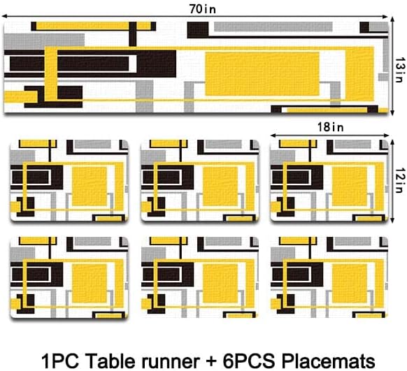 Lnond Placemats Сет од 6 И Трчач на Маса, Жолти Геометриски Душеци За Маса Поставени Двослојни Отпорни На Топлина, Отпорни На Гребење