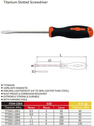 Wedo Titanium Slotted Scretpiger, анти-магнетски, мала тежина, не-магнетна, отпорна на 'рѓа, еднократно заложена, анти-лизгачка рачка,