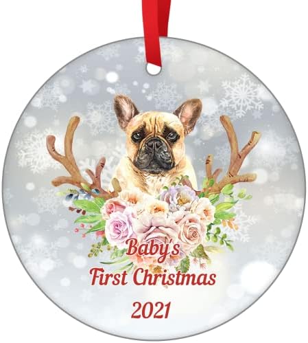 Прв Божиќен украс на бебето 2021 Француски булдог украси за елка Божиќ Декоративни висечки украси Снегулка керамички украс новороденче
