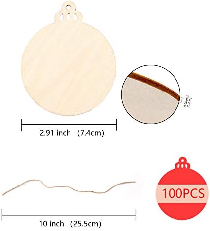 Савита 100 парчиња природни парчиња дрво, тркалезни дрвени дискови празни парчиња Божиќни висечки украси со канапски јажиња за DIY занаети