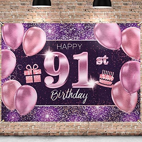 Пакбум Среќен 91 Роденден Банер Позадина - 91 Роденден Декорации Материјали За Жени-Розова Виолетова Злато 4 x 6ft