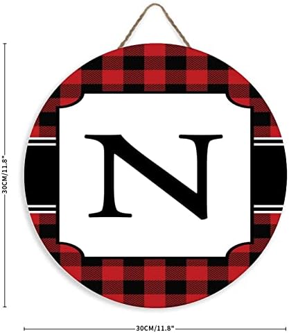 Божиќно монограм почетен n Семеен wallиден декор знаци Рустикален круг дрвен знак вертикален бивол карирај проверка сезонска