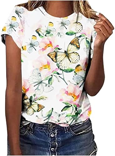 Пимоксв пеперутка врвови за жени со кратки ракави екипаж на блуза, облечена обична хавајска кошула мода 2023 летна слатка маица