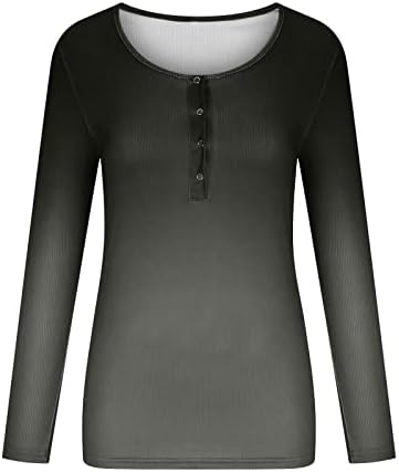 Џемпери на Flekmanart за жени разнобојни градиент u-врат со копче со долг ракав тенок фит-џемпер пуловер