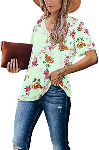 Кошула со краток ракав за жени лето цветни печатени врвови V-вратот Обична маица лабава вклопена блуза маички врвни тинејџерки