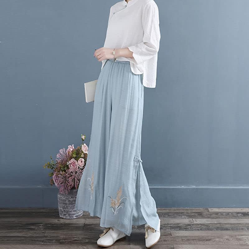 Кинески национален стил ретро елегантни пакувања широки нозе извезени цветни еластични еластични панталони за половината за жени Color2 l