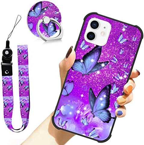 ЗИЈЕ Дизајниран За Iphone 12/12 Pro Случај Виолетова Пеперутка Тврд Јаже Случај Со Држач За Телефонски Прстен, Заштита На Целото Тело
