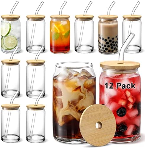 [12 парчиња Сет ] Стаклени Чаши Со Капаци Од Бамбус и Стаклена Слама-Чаши За Пиење Во Облик На Пиво, 16 Мл Ледени Чаши За Кафе,