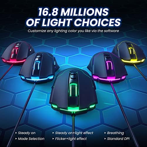 Tmaine Жичен Гејмерски Глушец, Оптички Компјутер Игри Глувци со 16,8 Милиони RGB LED ПОЗАДИНСКО Осветлување, Висока Прецизност Прилагодливи 7200