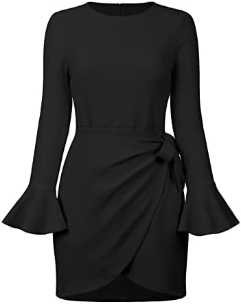 Фустан со долг ракав за жени елегантен обичен празничен туничен фустан мода против вратот лабав проток мики фустани