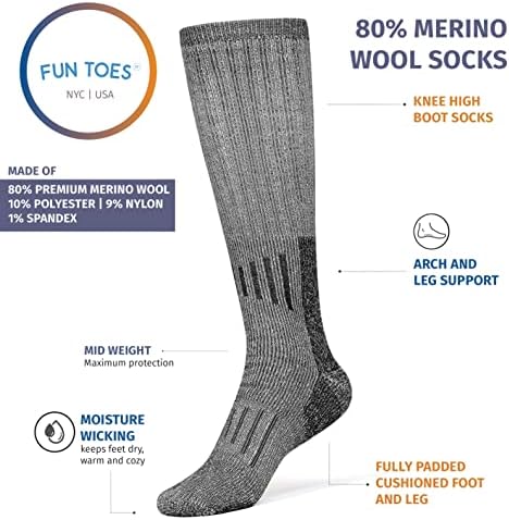Забавни прсти 80% мерино волна чорапи чорапи со високи колена, чорапи за пешачење волна совршена за зима во 3 бои долга долга 3 пара