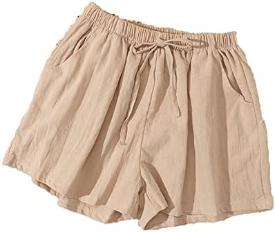 Womenените влечејќи обичен еластичен половината чиста боја шорцеви летни плажа лесни кратки панталони со џебови