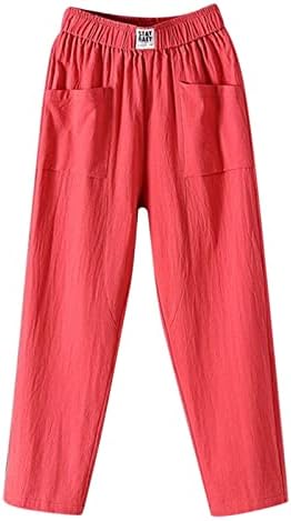 Pantsенски еластични памучни постелнини панталони со џебови со џебови лето за дишење лесни панталони за плажа, релаксирајте се вклопуваат