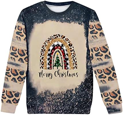 Среќна Божиќна маичка за жени Божиќно карирано дрво за печатење Блуза Леопард леопард долги ракави за одмор на врвови на врвови