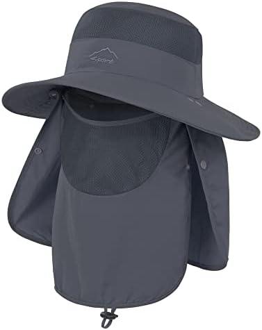 Зандо риболов капа за мажи и жени, отворено сонце капи за мажи со УВ заштита широка капа со капаче на вратот и обвивка за лице
