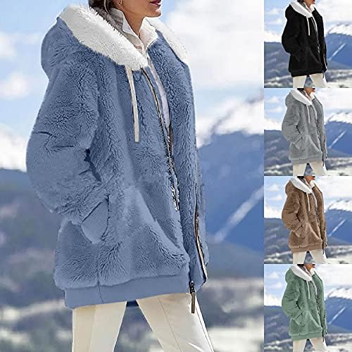 Зимски палта на Зефотим за жени, 2022 плус големина на руно кадифен патент со качулка, удобна топла волна палта со џебови