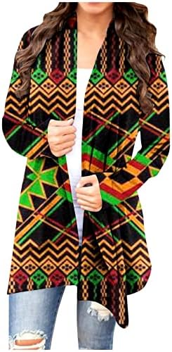 Madionенски миди кардиган јакна мода геометриски печати предни отворени шал кошули лабава обични долги ракави блузи врвови