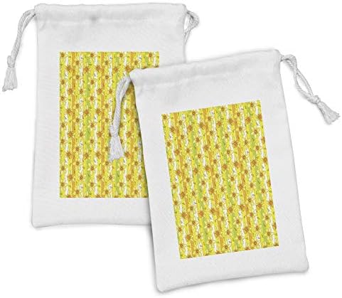 Ambesonne жолта цветна ткаенина торбичка сет од 2, цветни пролетни нарцис и дафодил jonquil цути со лента, мала торба за влечење за маски