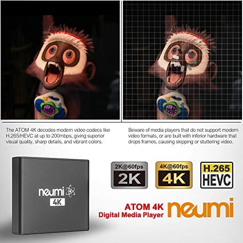 Neumi Atom 4K Ultra -HD дигитален медиа плеер за USB дискови и SD картички - игра 4K/UHD 60FPS видеа, HEVC/H.265, HDMI и Analog AV,