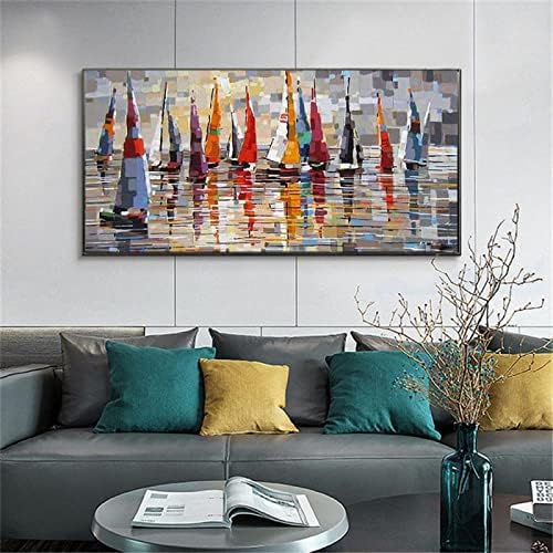 Рачно насликани слики со пловидба со плови за едриличарски плови - Банер за текстура на Seascape модерна голема големина Апстрактна платно сликарство