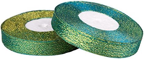 Feyarl Sparkly Green Ribbon 5/8-инчи широк со 50-тина метални метални метални сјајни ленти за Божиќ, занаетчии, празници, домашно деко, обвивка